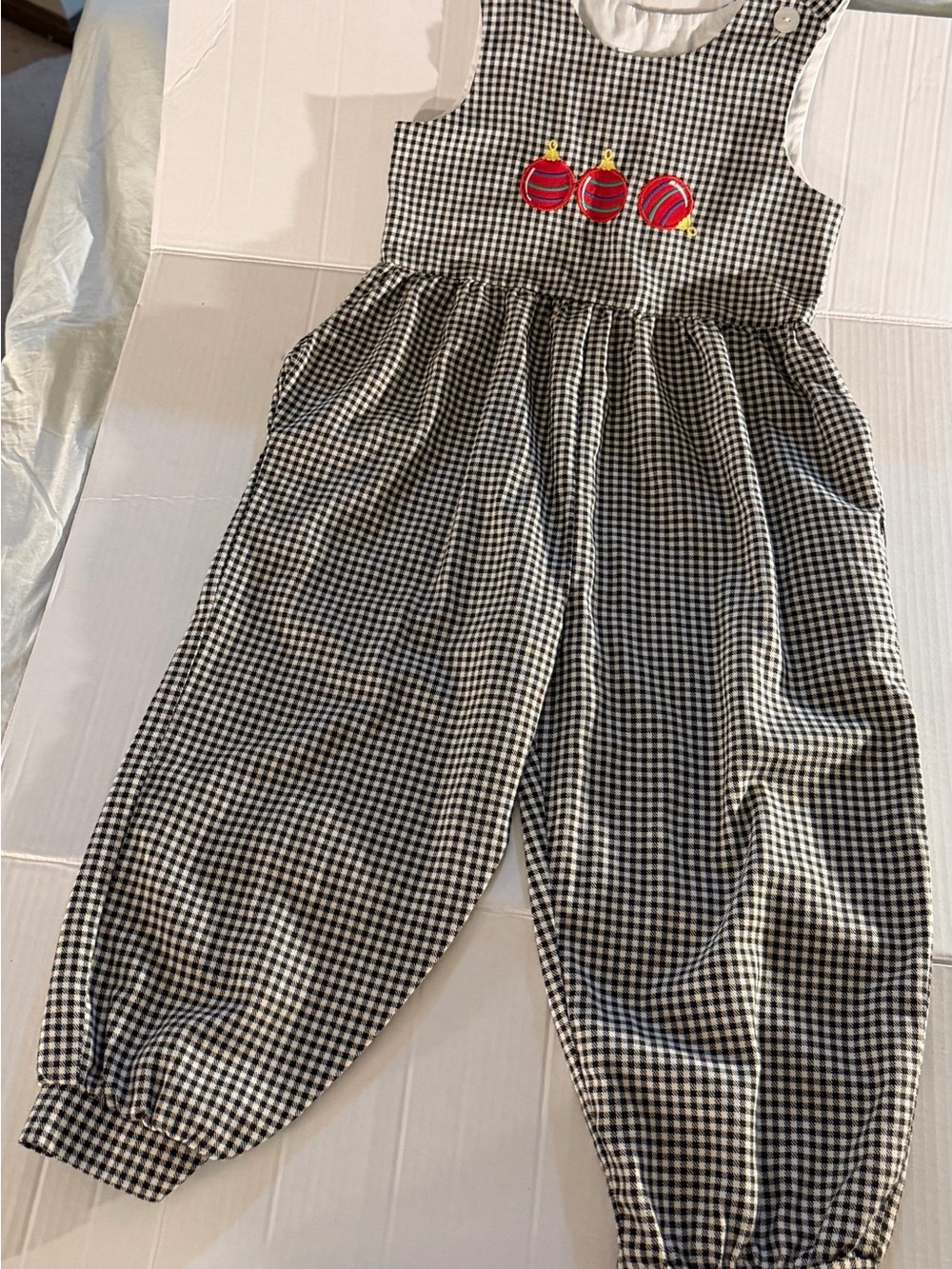 #324 Black & White Gingham Kids Jumpsuit with Red Embroidery